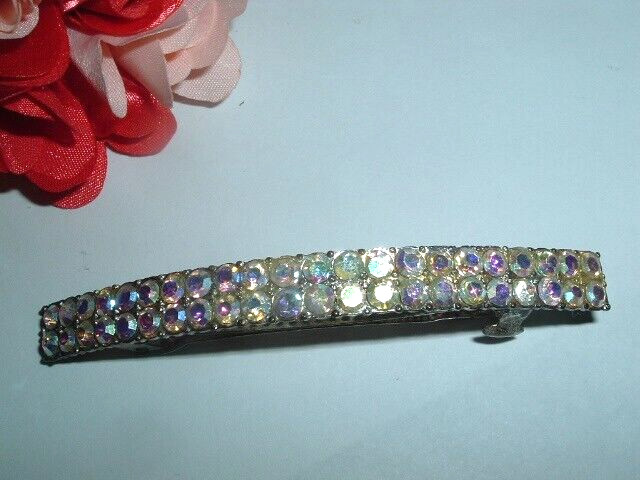 Vintage Art Deco Silver White Aurora Borealis Rhinestone Hair Barrette