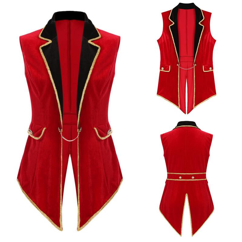 Women Lapel Sleeveless Gold Trimmings Tailcoat Jacket Ringmaster Circus Cosplay
