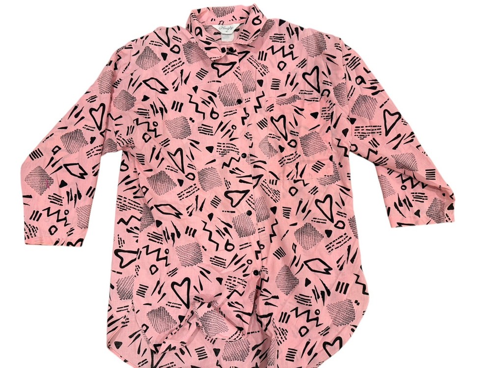 Vintage 80s 90s Pink Abstract Blouse Womens Medium Graphic Print Button Up Retro-image