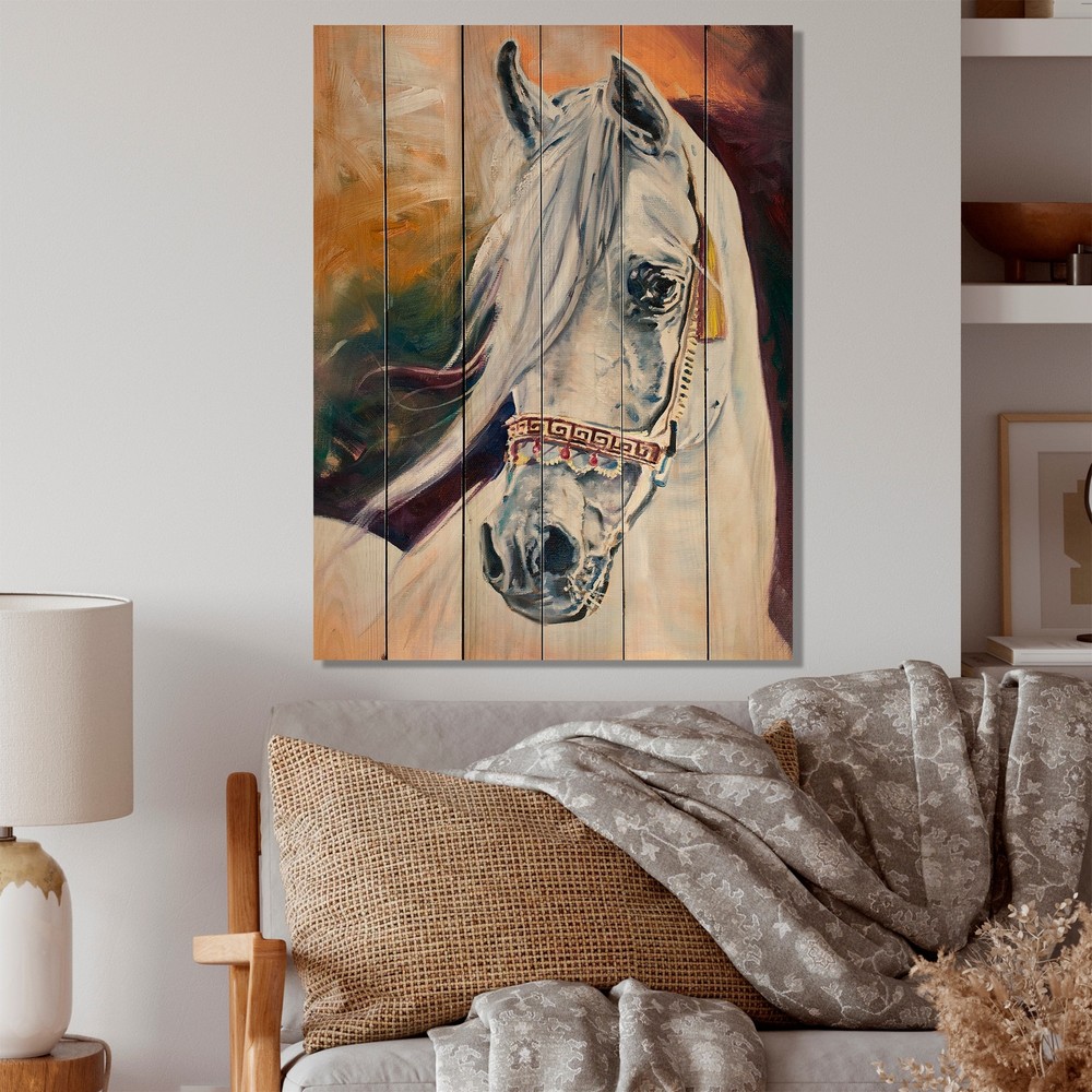 Designart 'Beautiful White Horse Portrait II' Farmhouse Wood