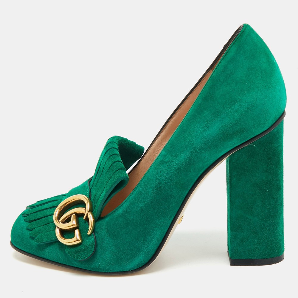Gucci GG Marmont green suede fringe pumps size 38