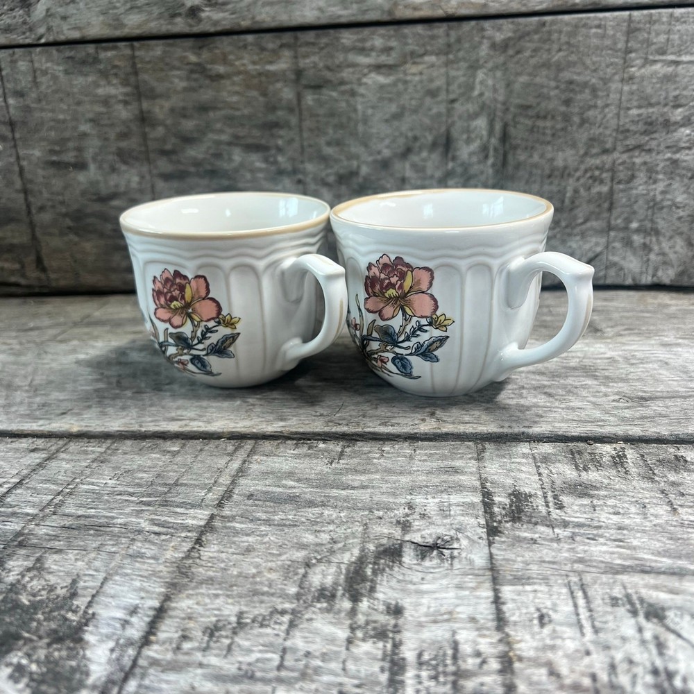 Vintage Provence Korea Floral Coffee Cups Set of 2 White Ceramic Mugs