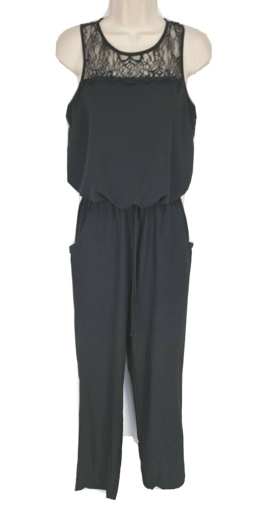 City Triangle Black Lace Crew Neck Ham Long Romper Jumpsuit Women Size S