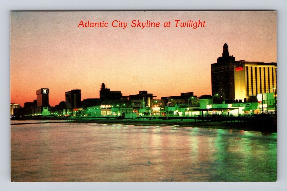 Atlantic City NJ-New Jersey, Atlantic City Skyline at Sunset, Vintage Postcard