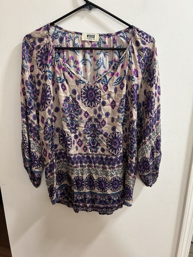 Boho Peasant Top Womens Large Multicolor Festival Blouse