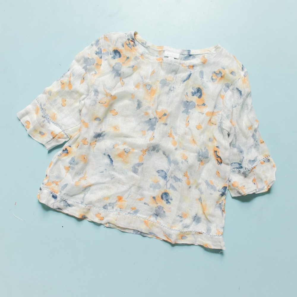 J Jill XS Petite Floral Linen Gauze Knit 3/4 Sleeve Boxy Blouse