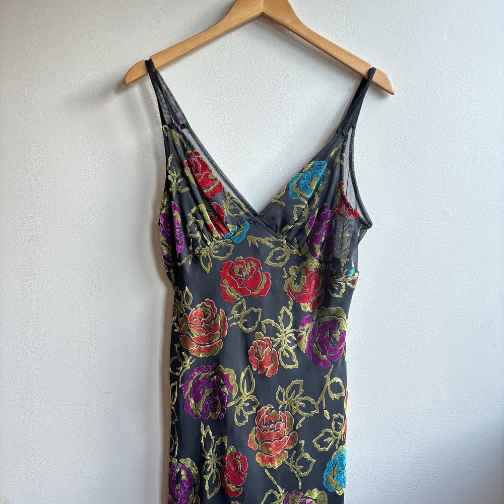 Vtg Floral Velvet Burnout Dress L Y2K Whimsigoth Fairy Grunge Babydoll Regency