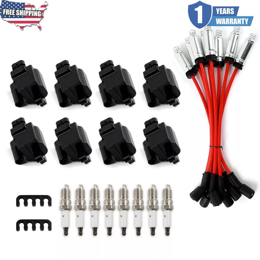 8pcs Square Ignition Coil & Spark Plug Wire For GMC Chevy 4.8L 5.3L 6.0L 8.1L