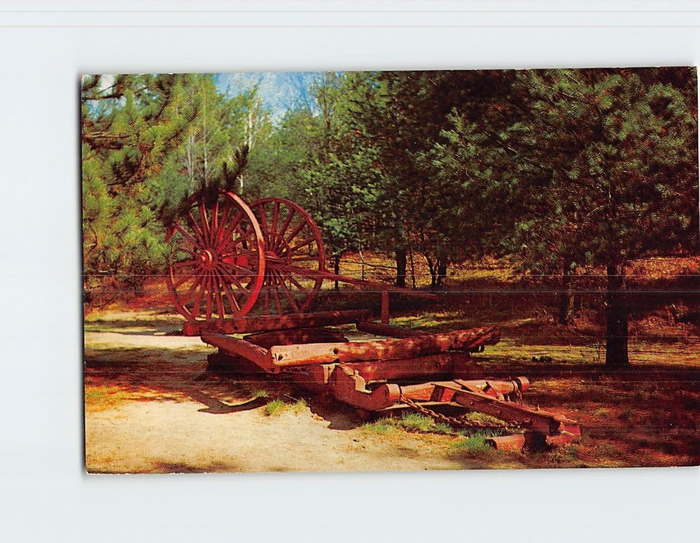 Postcard Old Logging Sled and Wheel at Hartwick Pines State Park Grayling MI USA