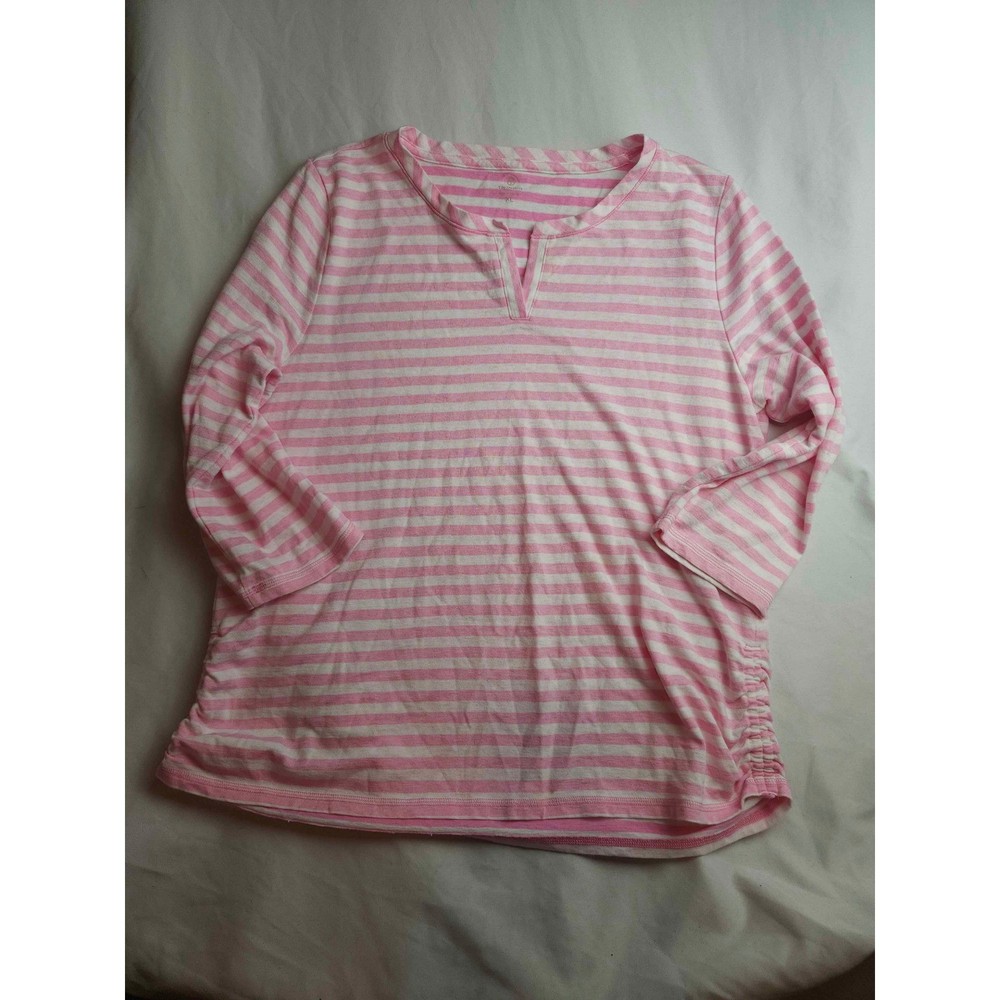 T by Talbots Pink White Striped 3/4 Sleeve Ruched Top XL