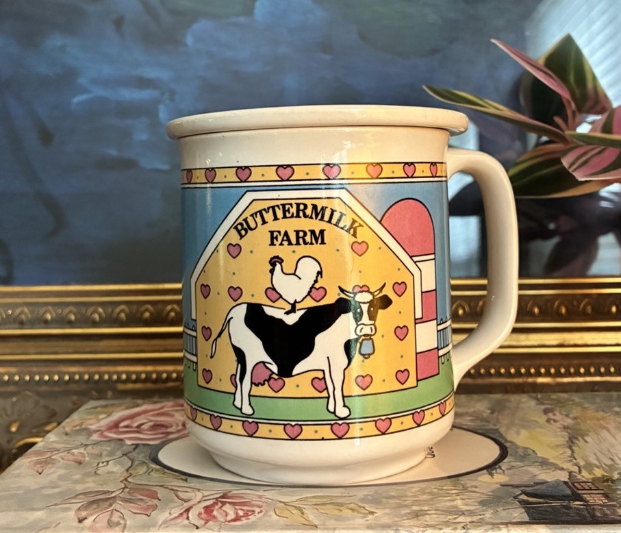 Vintage Country Feeling Ceramic Mug With Lid Buttermilk Farm Cow 4”