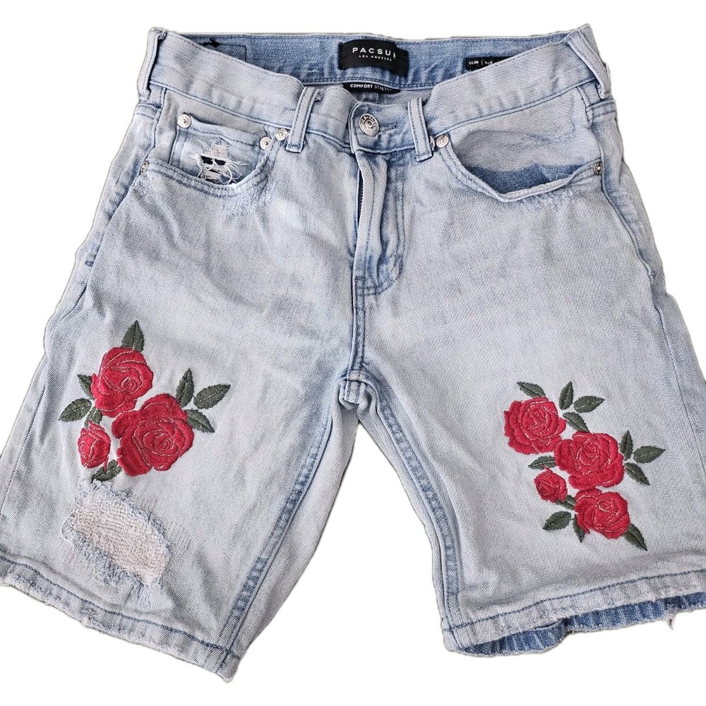 PACSUN Shorts Mens 28 Denim Jean Shorts Embroidered Roses Bermuda Distressed