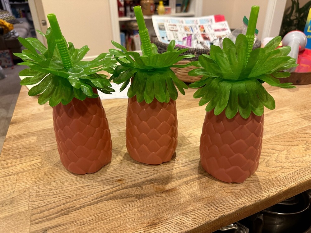 Tropical Coconut Tree Drink Cup with Straw for Beach Luau Hawaiian Party Set of 3