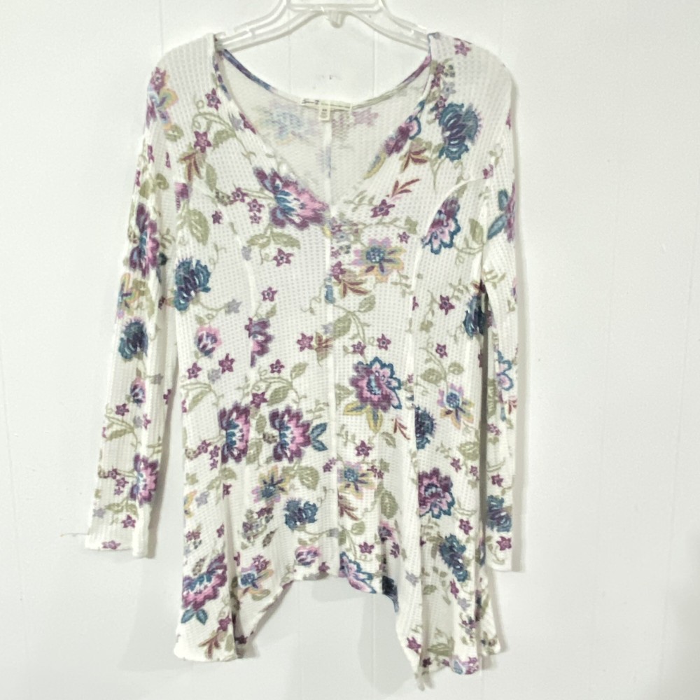 Seven 7 Floral Thermal Top M sharkbite hem Tunic Shirt Romantic V-neck
