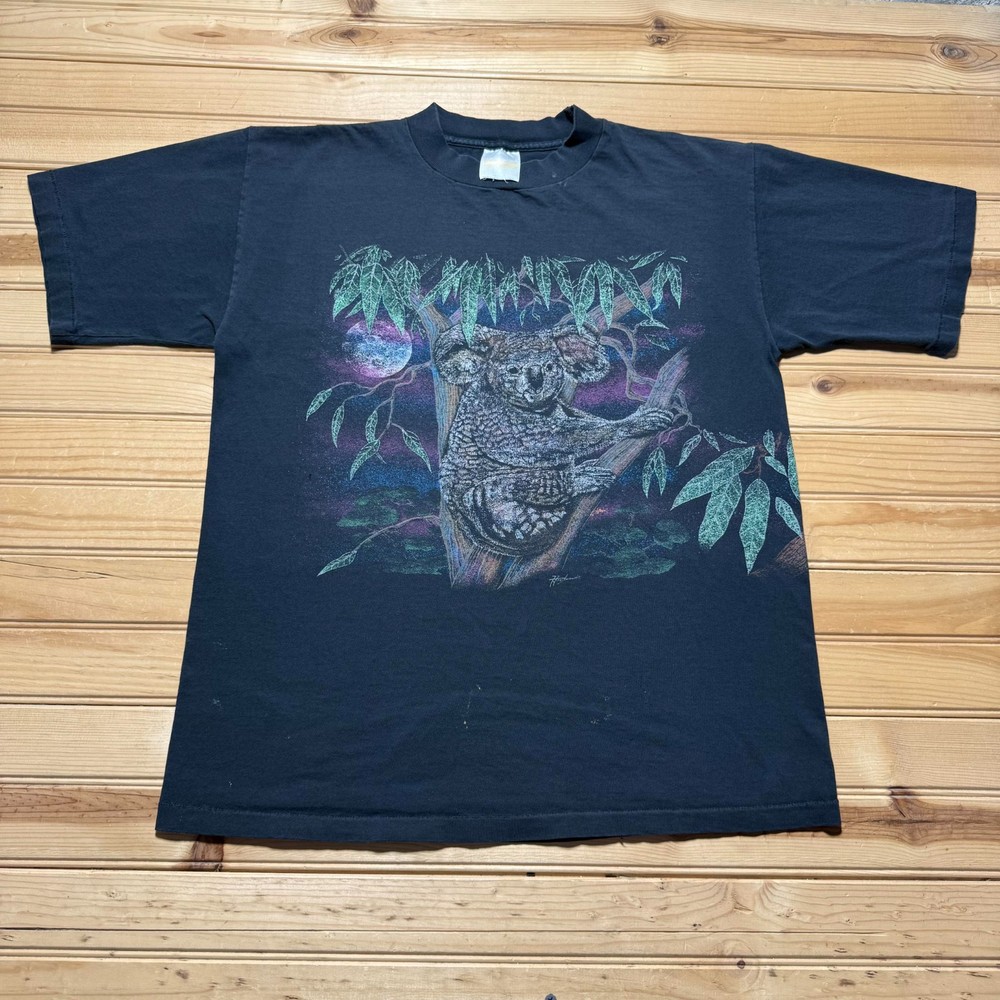 Vintage Faded 90s Koala Full Moon Nature Wildlife Single Stitch T-Shirt Large