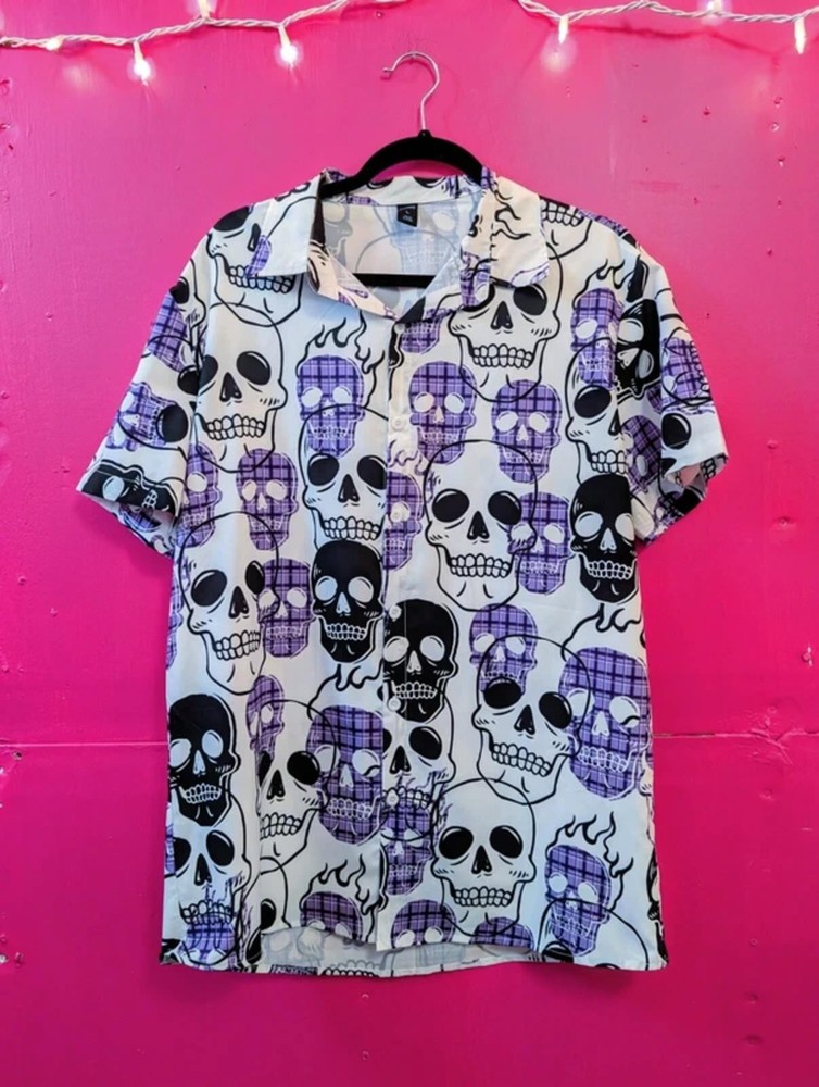 Men's Purple Black Skull Goth Shirt Summer Button up L