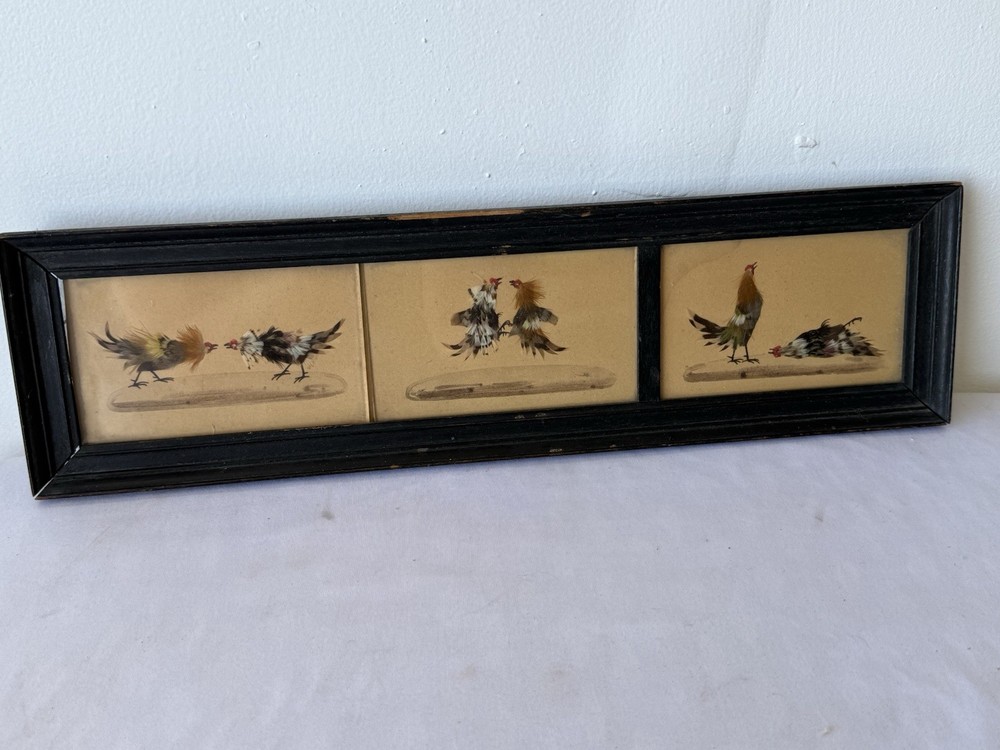 Framed Miniature Mixed Media Real Feather Triptych Roosters Antique
