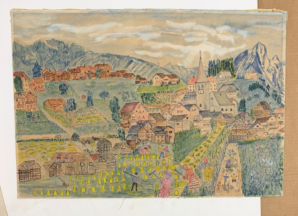 Vintage 1965 Naive Folk Art Village Landscape Farming Scene Signed