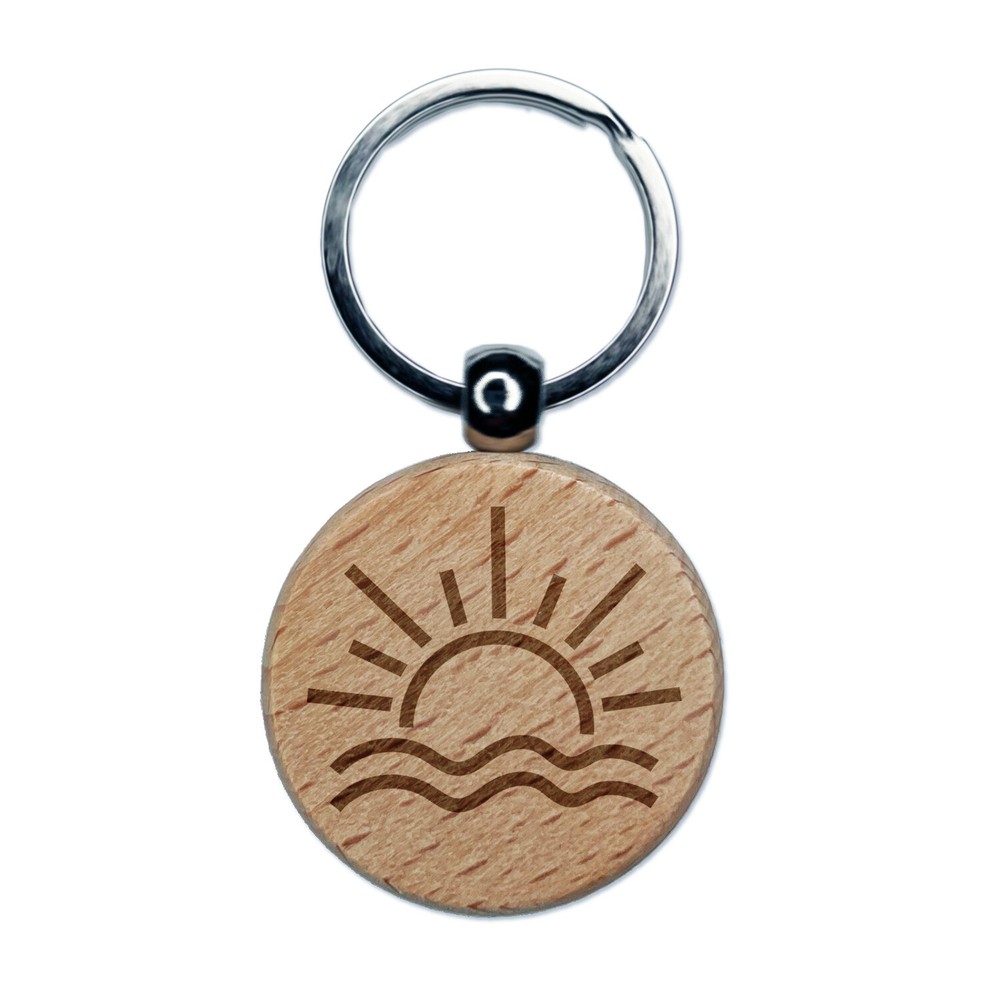 Sunrise Sunset Engraved Wooden Round Keychain with Sun Waves Design  