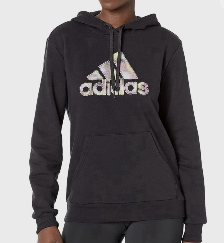 Adidas Women's Badge of Sport Two-Tone Graphic Black Fleece Hoodie 2X