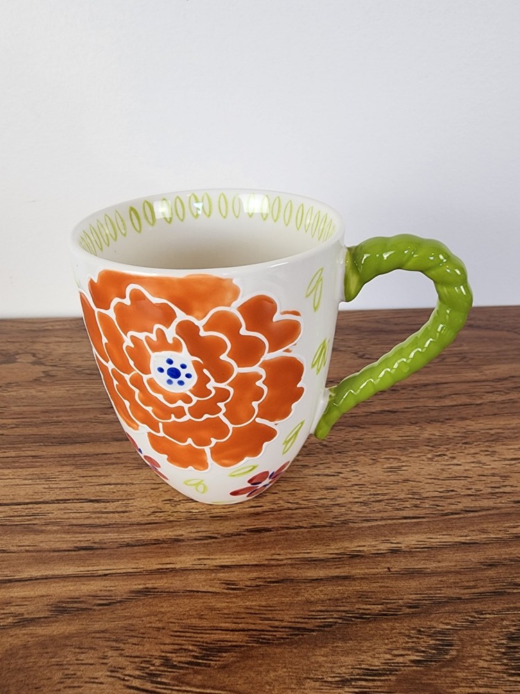 Dutch Wax By Coastline Imports Handpainted Ceramic Mug Orange Floral Green...
