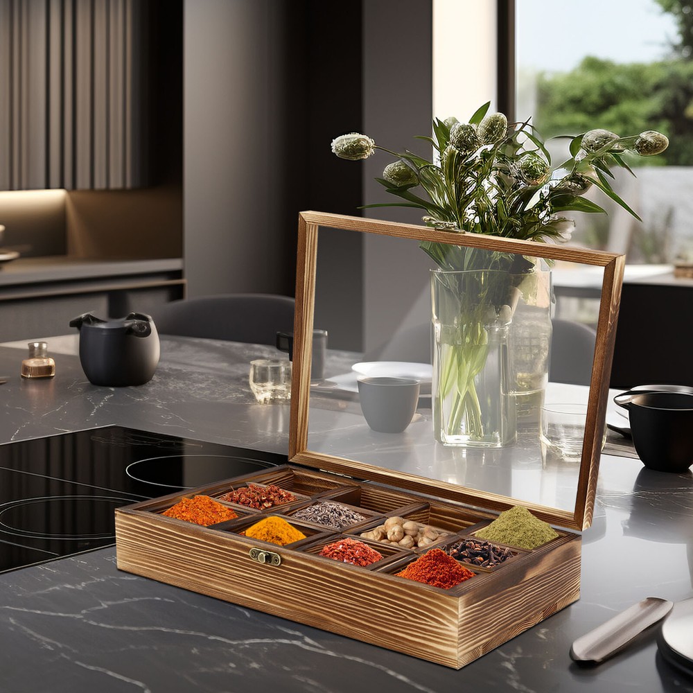 12-Compartment Wooden Spice Box with Spoon for Organized Kitchen Storage