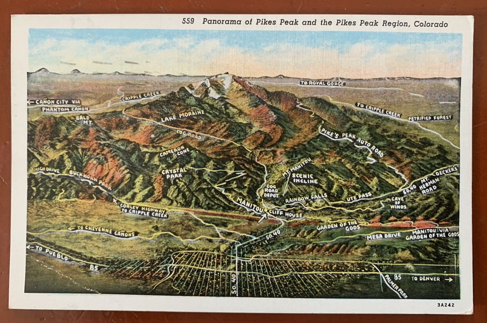 Panorama Aerial View Of Pikes Peak & Region - Colorado Postcard c1939