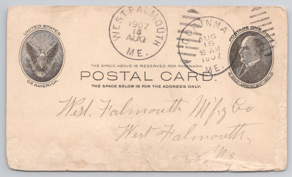 1907 West Falmouth ME Postal Card Corinna ME Postmark McKinley 1 Cent Stamp