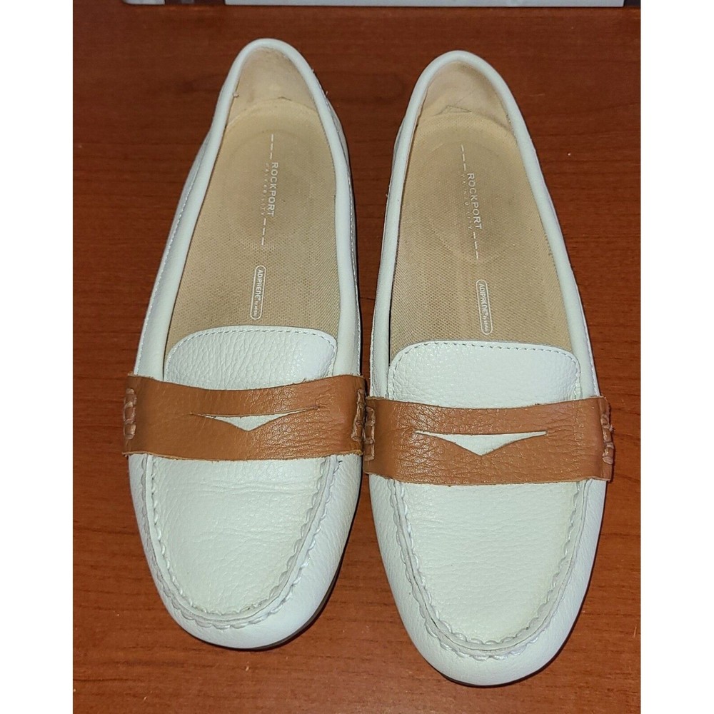 Rockport women's sz6 shoes leather washable cream & brown driving penny loafers