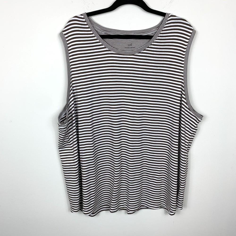 J Jill Women’s Pima Back Pleat Tank Plus Size 4X Striped White Brown Sleeveless