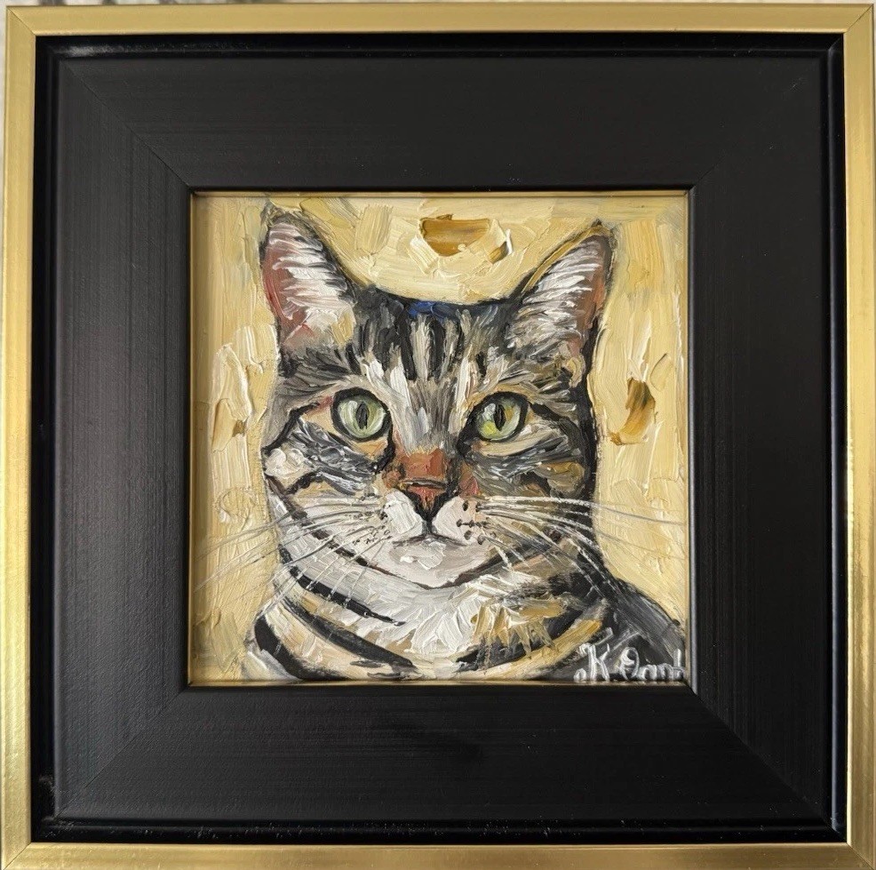 ORIGINAL OIL PAINTING TABBY CAT PORTRAIT SIGNED FRAMED 4x4