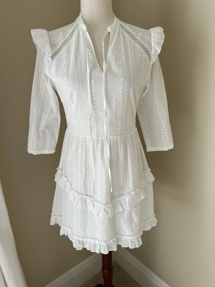 Womens Eyelet Lace Mini Dress Sz M White Ruffles Tiered Boho Cottagecore Bridal