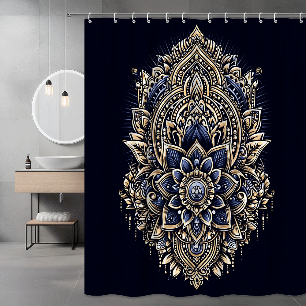 Boho Mandala Floral Shower Curtain Navy Gold Graphic