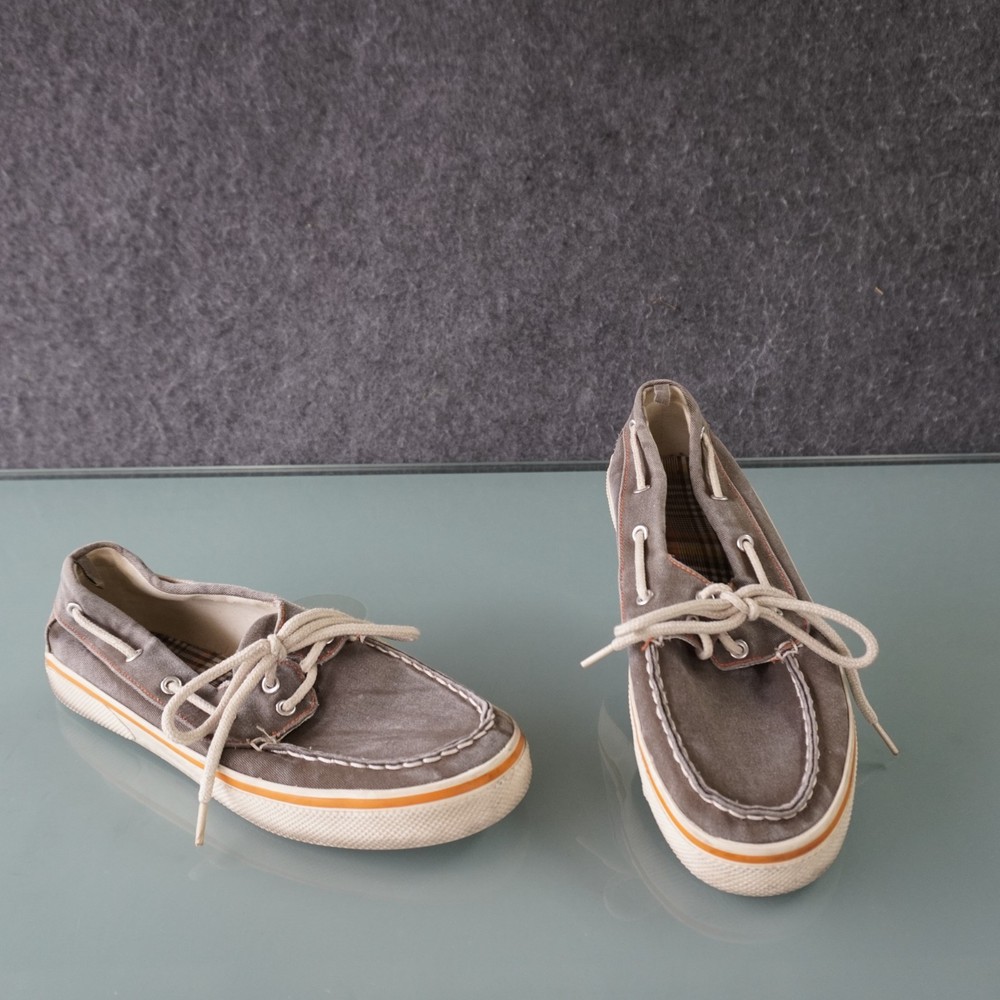 Faded Glory Mens Boat Shoes Size 10 Gray Canvas Deck Sneakers Orange Trim Plaid
