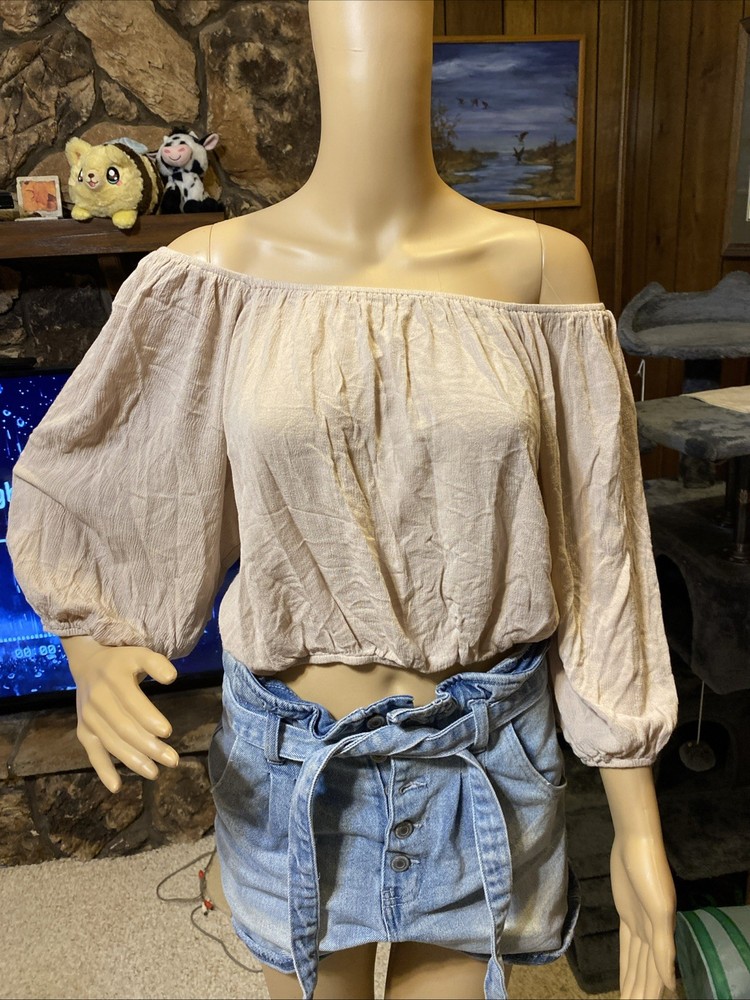La Miel Women’s Off Shoulder Beige Loose Fit Crop Top Blouse Medium