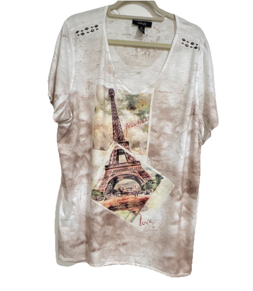 Style & Co. Womens Sz 3X Paris Eiffel Tower Studded Graphic Short Sleeve T-Shirt