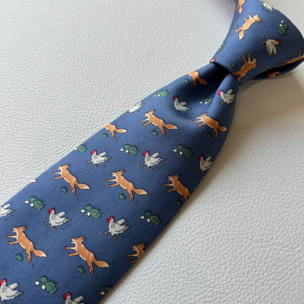 HERMES Paris Silk Tie Fox Chicken Animal Pattern Blue Made In France From Japan