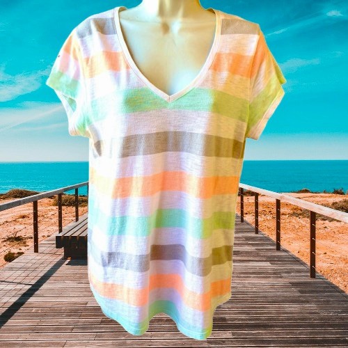Gap Striped V-Neck Short Sleeve Tee Shirt Top Easy Comfort Womens Large