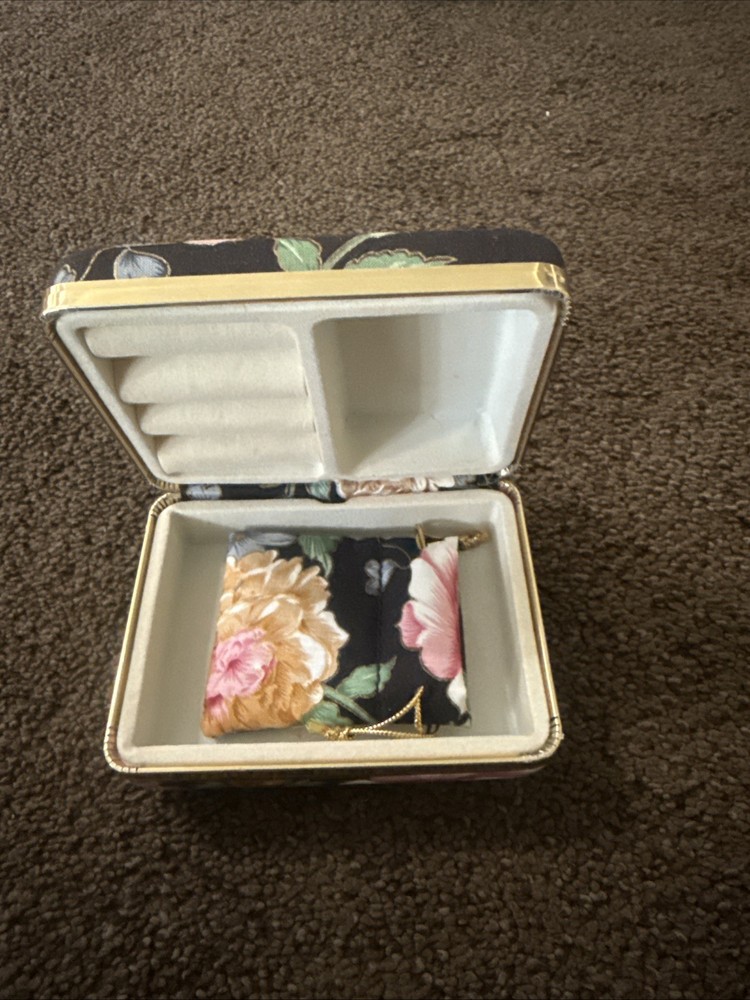Vintage Floral Fabric Jewelry Box  with Gold Trim and Snap On Mini Bag