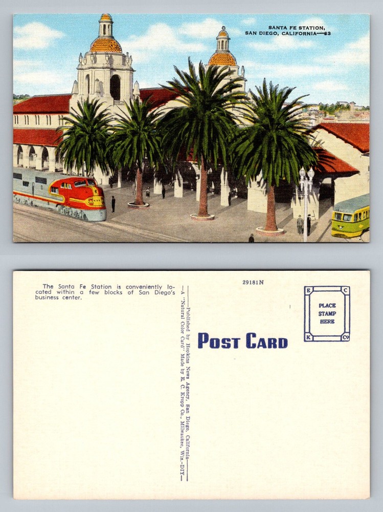 San Diego, CA-California, Santa Fe Station Train Depot Palms Vintage Postcard
