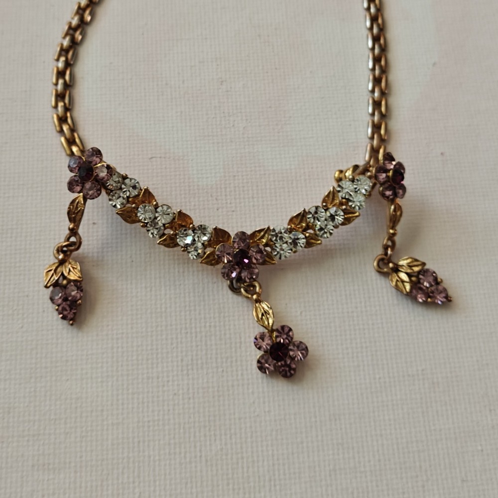 Vintage Gold Tone Rhinestone Flower Necklace Purple Clear Crystal Costume...
