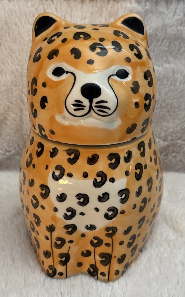 Pier 1 Imports Leopard Print Cat Cookie Jar Canister Stoneware