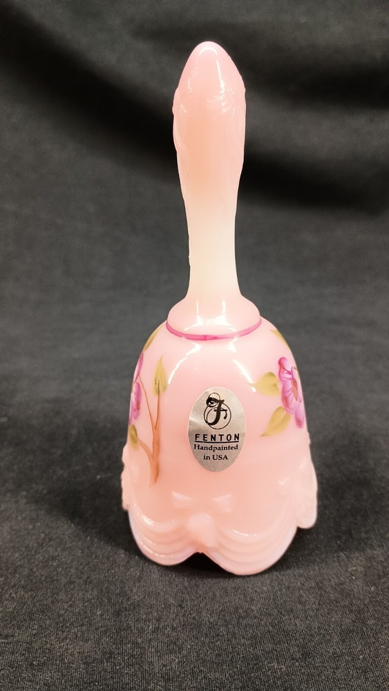 Vintage Fenton Pink Ruffled Curtain Bell w/Hand Painted Flowers-Signed by Artist