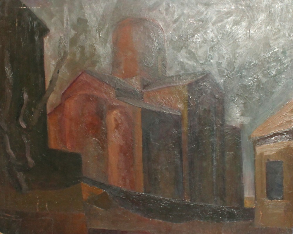 Vintage expressionist oil painting cityscape
