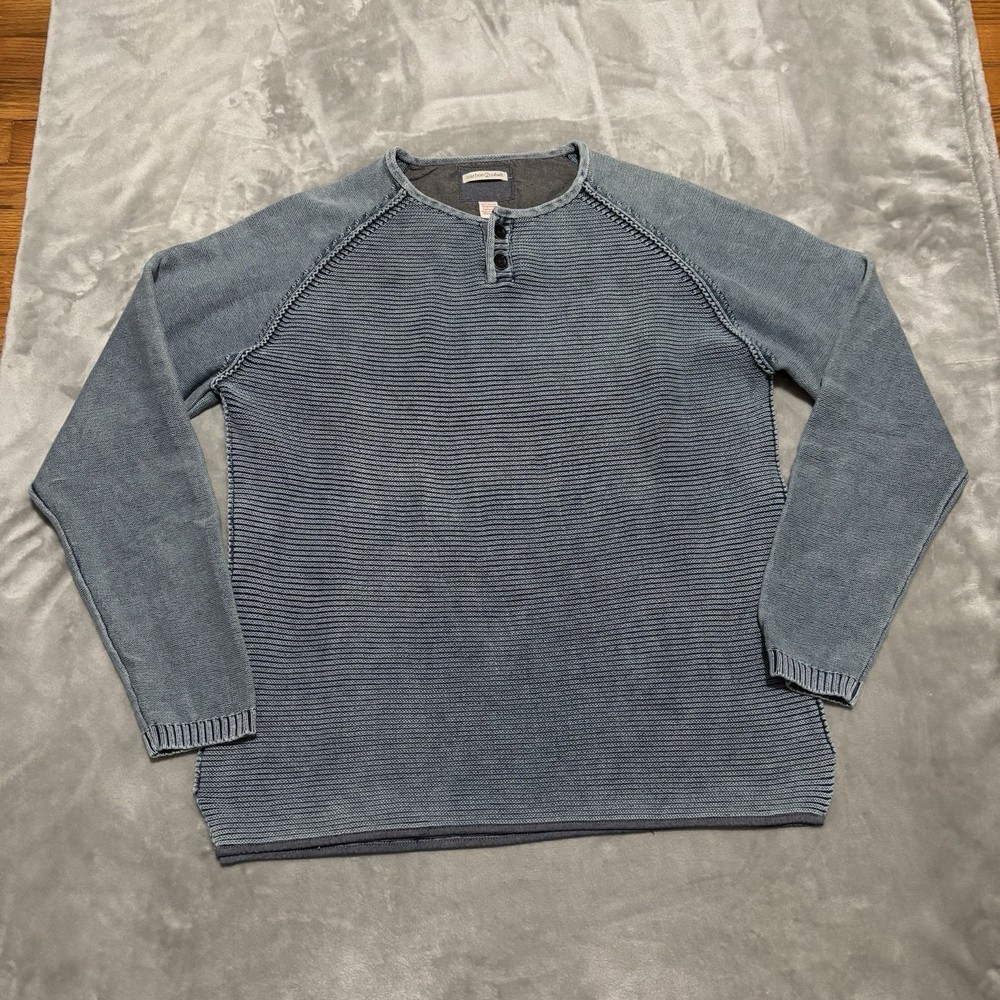 Carbon 2 Cobalt Waterman Henley Knit Sweater Blue Faded Raglan Sleeve Men's Sz L