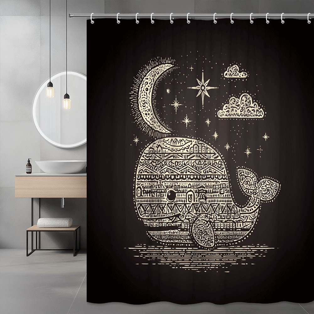 Whale Moon Star Shower Curtain Black White Celestial Print