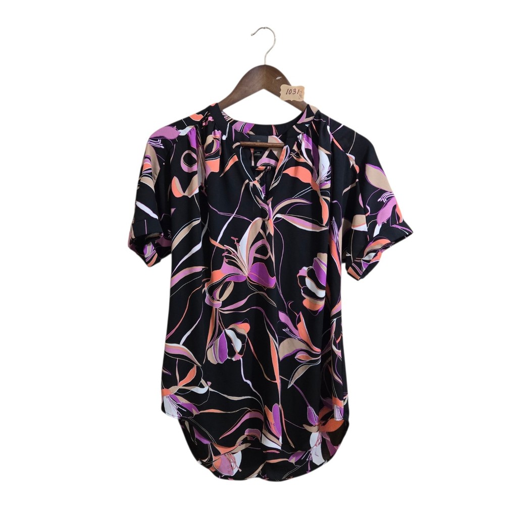 Worthington Women's Blouse Size XS Black Floral V Neck Cap Sleeve Top