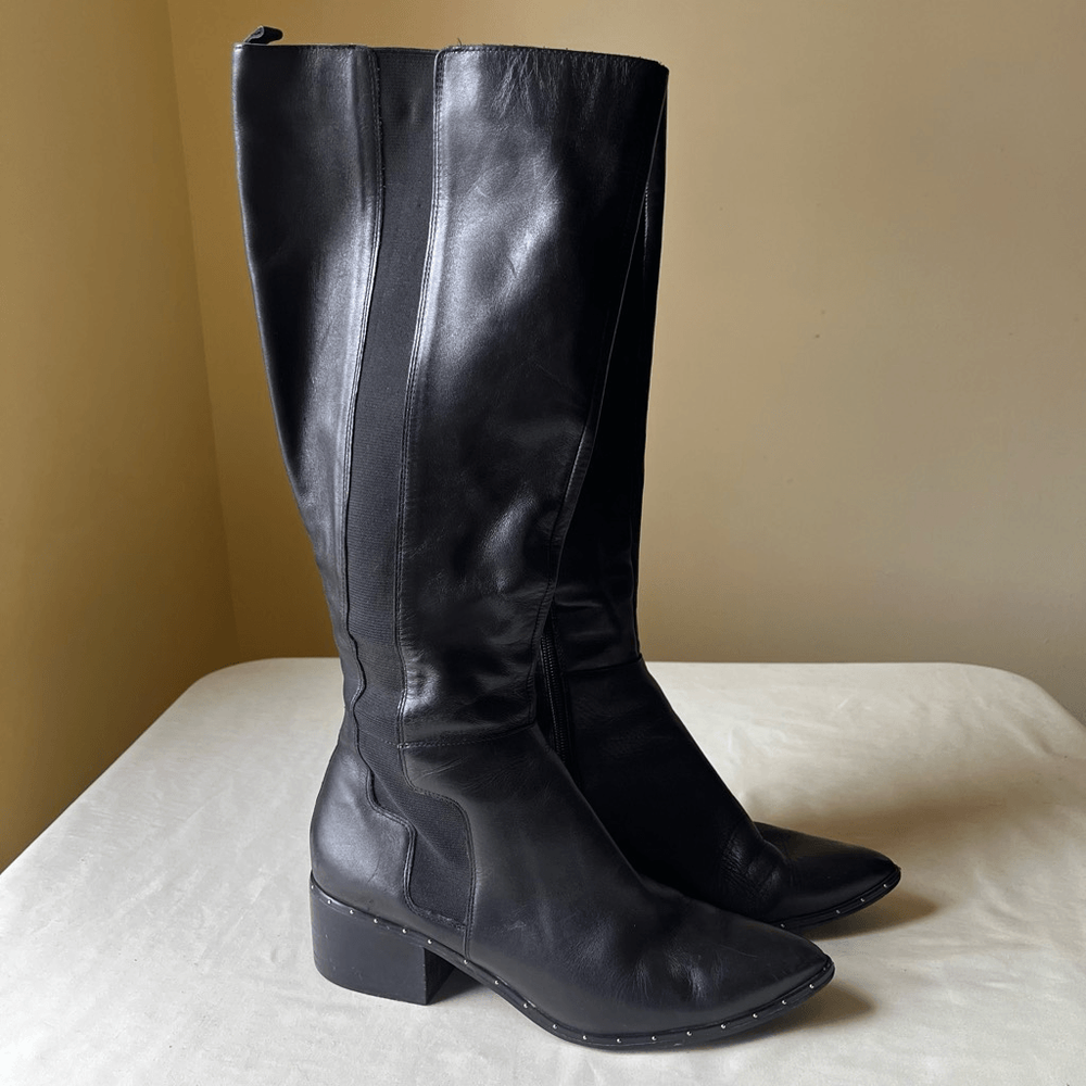 Studded Black Leather Knee-High Riding Boots Women’s Size 9.5 Zip & Pointed Toe