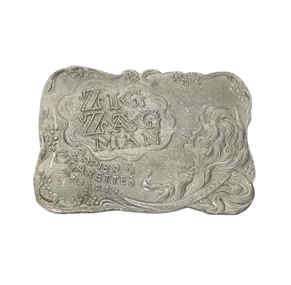 VTG Zig Zag Man Paper & Cigarettes Smoking Tobacco Belt Buckle Rectangle Metal