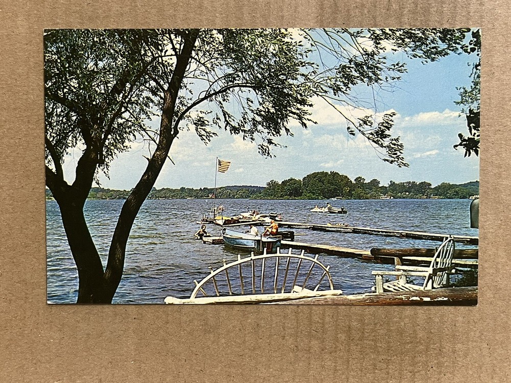 Postcard Evans Lake MI Michigan Irish Hills Boat Dock Swimming Vintage PC